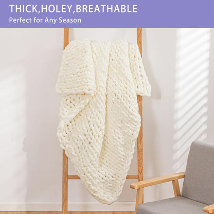 Bigacogo Chunky Knit Throw Blanket for Couch, 40x40 inches, 100% Hand Knitted with Thick Jumbo Chenille Yarn, Cozy Soft Large Rope Knot Cable Crochet Blankets for Sofa Bed Living Room, Ivory