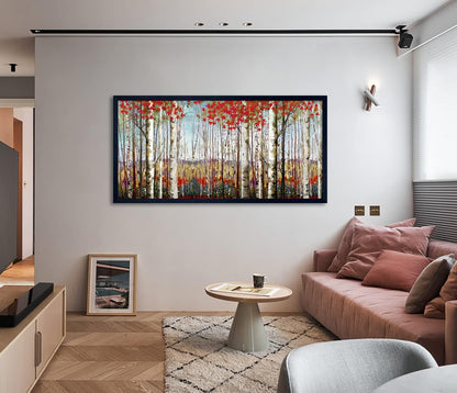 Large Framed Wall Art for Living Room Bedroom Modern Wall Decor of Red Leaves White Birch Tree Forest Giclee Painting Artwork Wall Decoration 29x58 Large Size Black Framed