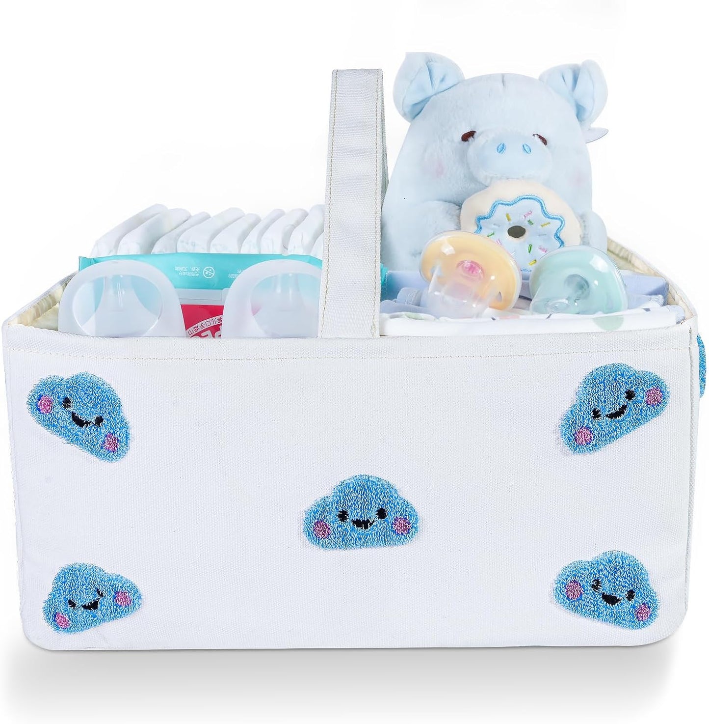 Baby Diaper Caddy Organizer with Handle - Durable Canvas Storage Basket with Cloud Embroidery, Portable Nursery Organizer for Newborn Essentials, Diaper Travel Bag, Baby Shower Basket-Blue