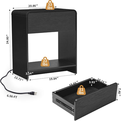 Fluted Nightstand with Charging Station, Mid Century Modern Bed Side Table End Table with Drawer Storage, Large Wooden Night Stands Bedside for Bedroom Living Room Sofa Office, Black