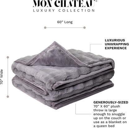 Mon Chateau 60" x 70" Faux Fur Throw Blanket - Reversible Soft Blanket for Queen-Size Bed, Couch, or Sofa, Cozy Home Decor and Stylish Living Room Comfort in Grey