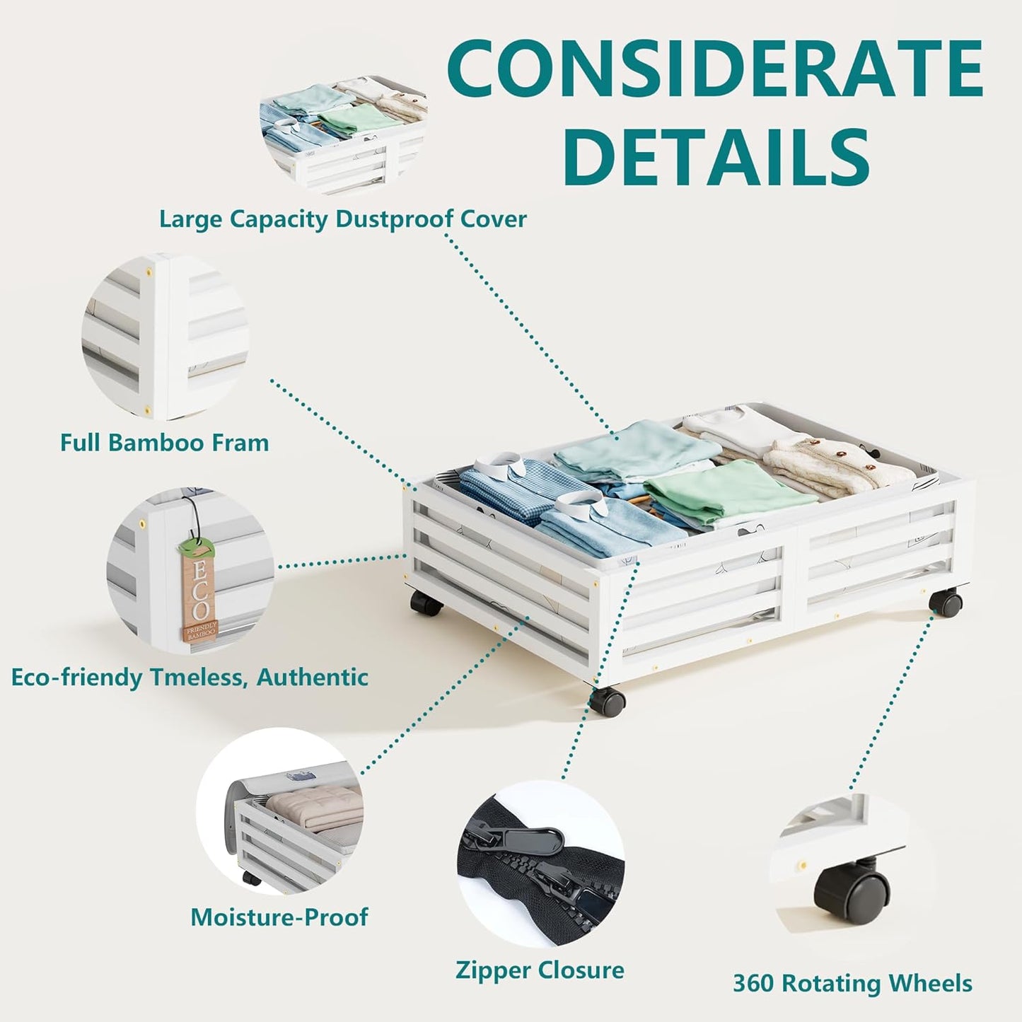 Under Bed Storage with Wheels-Large Bamboo Underbed storage Containers with Large Dust Bag Stackable Under the Bed Shoe Storage Bins for Clothes Books Bedding (2 Packs White, 23.62"L×16.54"W× 6.51"H)