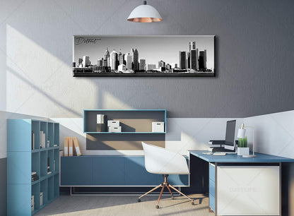DJSYLIFE Detroit Skyline Wall Art Black and White Canvas Prints USA Skyscraper Panoramic Cityscape Picture for Bedroom Office Home Decoration Ready to Hang 13.8" x 47.3"