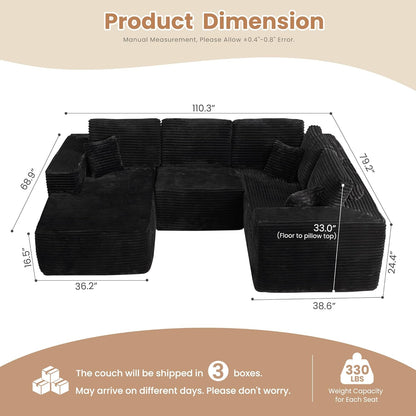 HOOOWOOO Cloud Sectional Couches for Living Room,Modular Sectional Sofa No Assembly,110X79 Inch Plush Corduroy Large U Shaped Floor Couch Set with Deep Seat Chaise(Black)