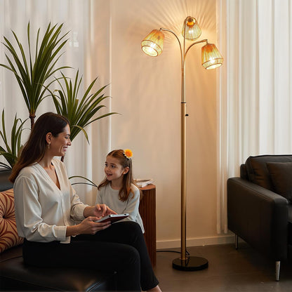 Gold Rattan Floor Lamp for Living Room, 72 Inch Tall Boho Floor Lamp with Rotary Switch, 3 Lights Arc Lamp with Wicker Shade for Coastal,Bohemian,Modern,Tree Farmhouse Standing Lamp