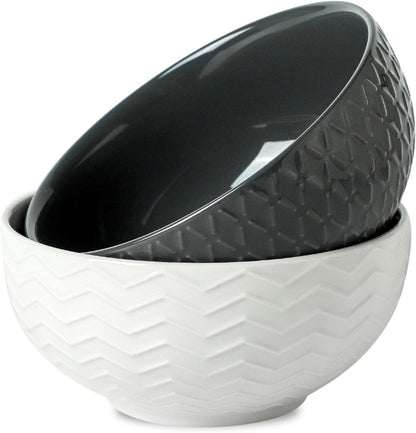 Hasense 26 OZ Soup Bowls, Ceramic Cereal bowls Set of 2 for Kitchen, Embossed Stoneware Porcelain Salad Bowls for Soup, Cereal, Oatmeal, Fruit, Microwave Dishwasher Safe, White And Gray