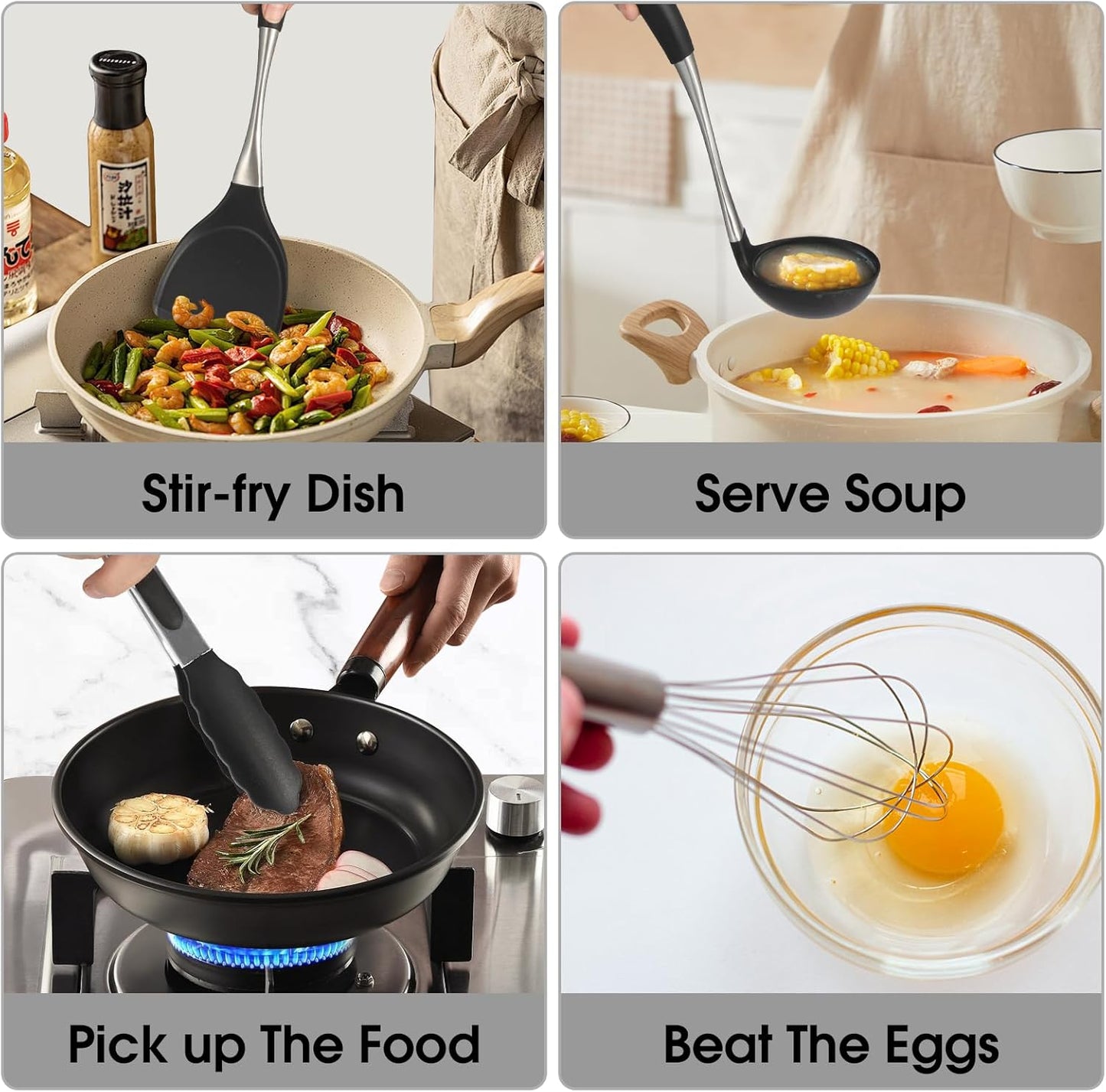 Premium Black Silicone Cooking Utensils Set - Non-Toxic, Heat Resistant& Non-Stick Kitchen Utensils Set with Spatula, Spoon, Whisk, Tongs, BPA Free, Dishwasher Safe, Black