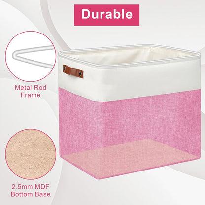 Large Fabric Storage Baskets | 50L Storage Bins, Decorative Linen Closet Baskets with Handles for Organizing, Shelf, Toys, Clothes, Home, Office, Nursery, 17x12x15Inches (Pink&White)