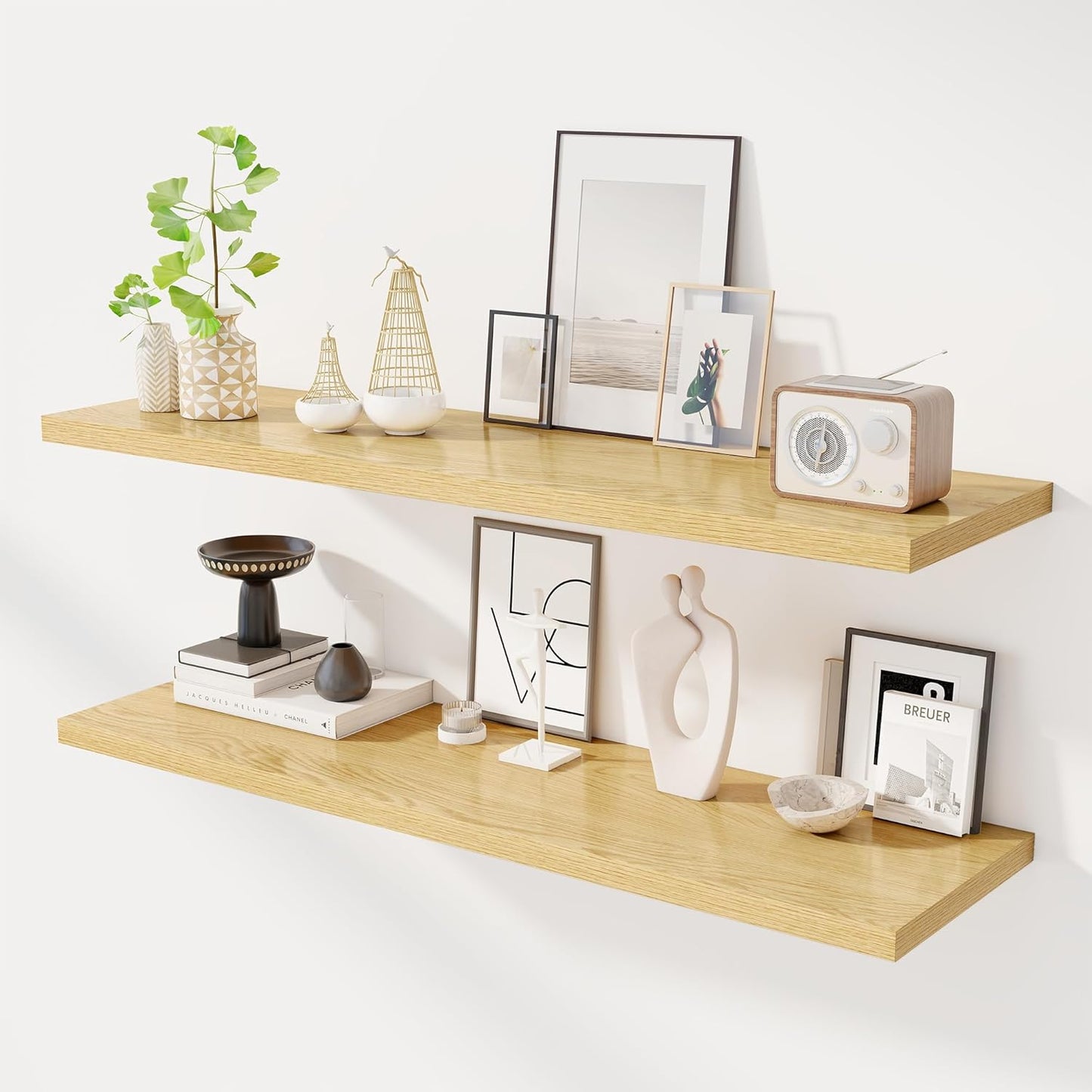 48" Floating Shelves for Wall, 12" Deep Slim Oak Floating Shelves, Wall-Mounted Shelves for Bedroom, Living Room, Kitchen, Bathroom - Set of 2