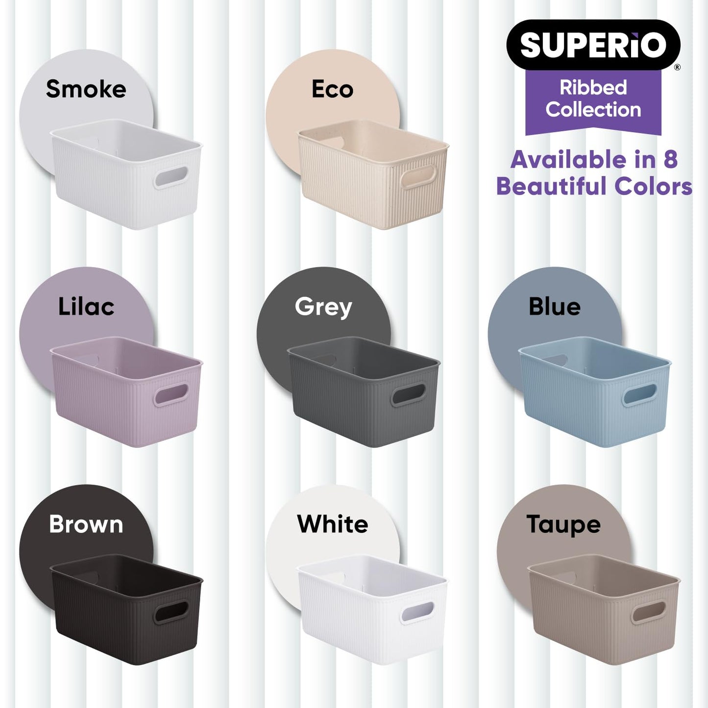 Superio Ribbed Collection - Decorative Plastic Basket Open Home Storage Bins Organizer, Medium Grey