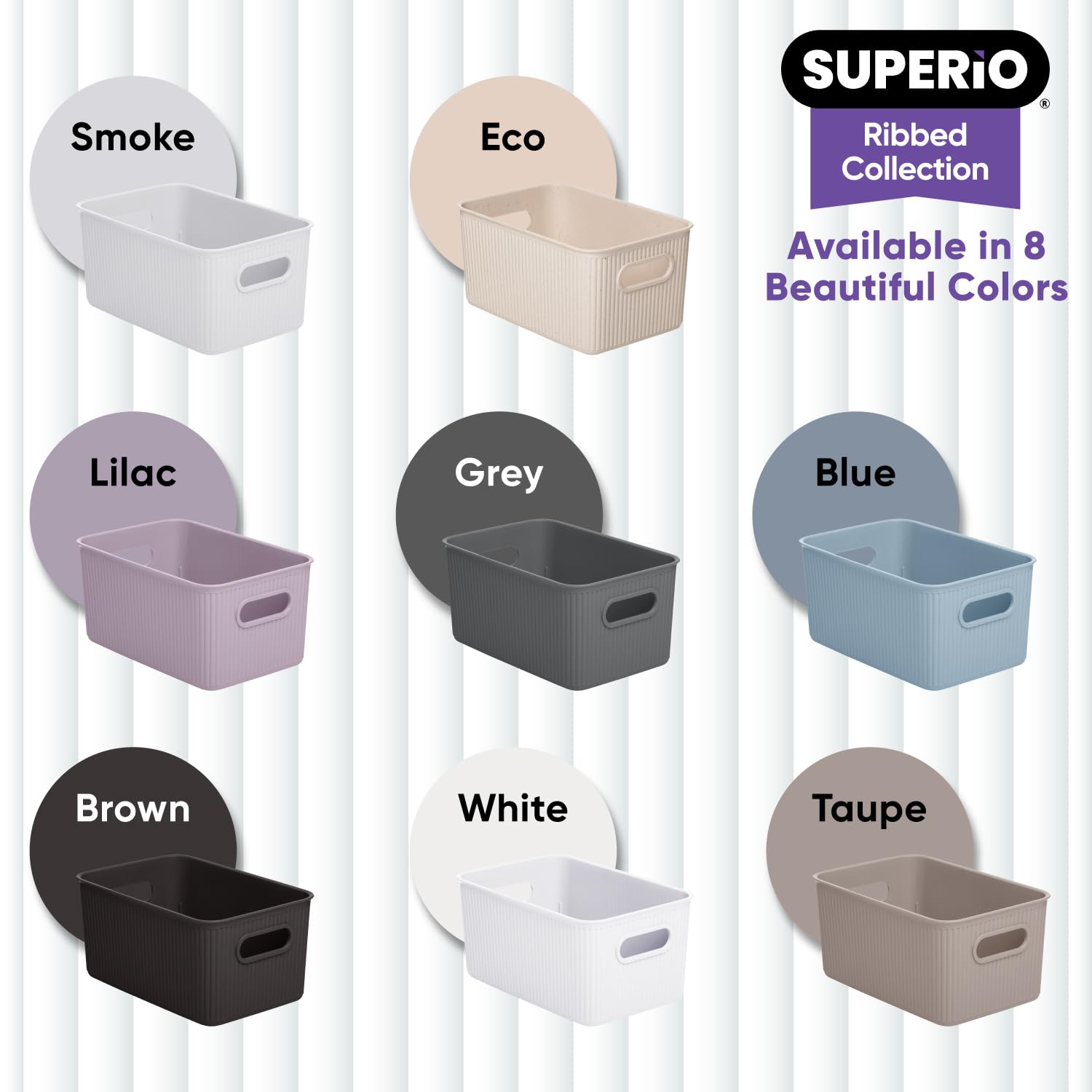 Superio Ribbed Collection - Decorative Plastic Basket Open Home Storage Bins Organizer, Medium Grey