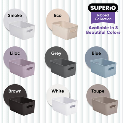 Superio Ribbed Collection - Decorative Plastic Basket Open Home Storage Bins Organizer, Medium Grey