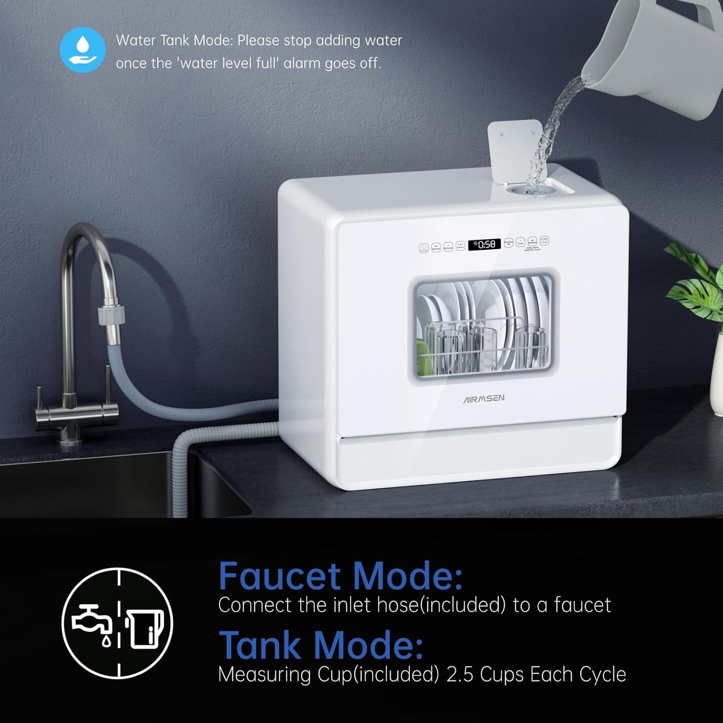 AIRMSEN Countertop Dishwasher Complete 2-Level Rack, Portable Dishwashers with 5L Built-in Water Tank, 3-Spray Arms & 12H Delay Start, No Hookup Needed, A01, White