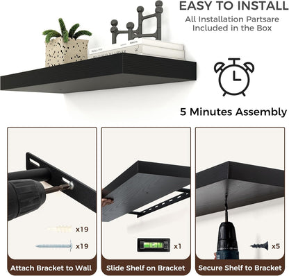 Floating Shelves - 2 Large Wall Mounted Shelves with Invisible Brackets, Long Wood Floating Wall Shelf for Living Room, Bedroom, Kitchen (Black, 36" W x 9" D x 1.5" H)