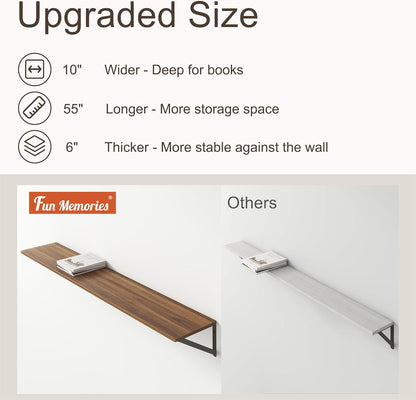 Floating Shelves 55 Inch Long, 10" Deep Floating Shelves, Walnut Wall Shelves 55 x 10, Set of 2, Wide Large Display Storage Shelves for Bathroom, Living Room, Rustic Wood Shelves with Brackets