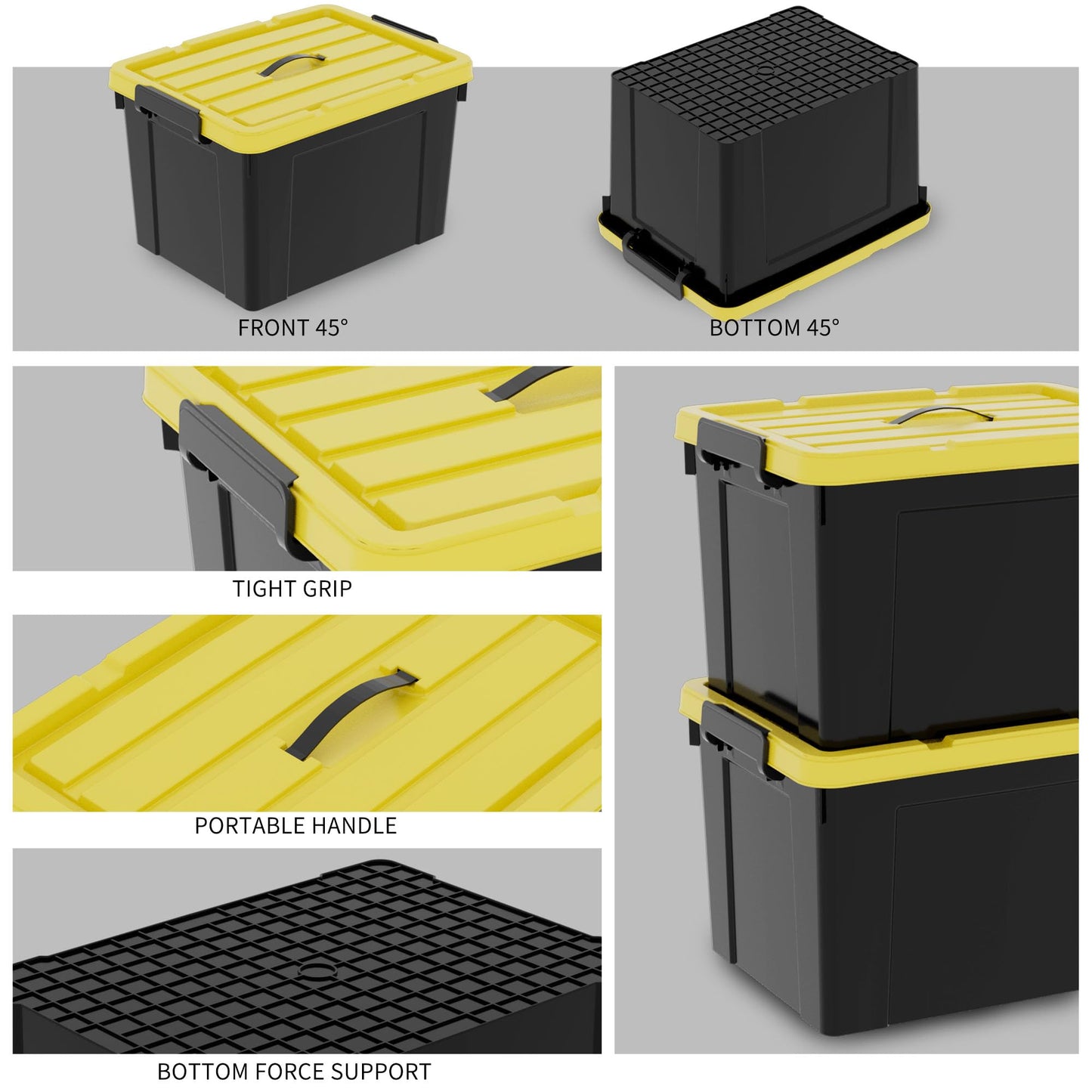 Cetomo 72Qt*4 Plastic Storage Bins, Tote Storage Box with Handle, Stackable, Black and Yellow