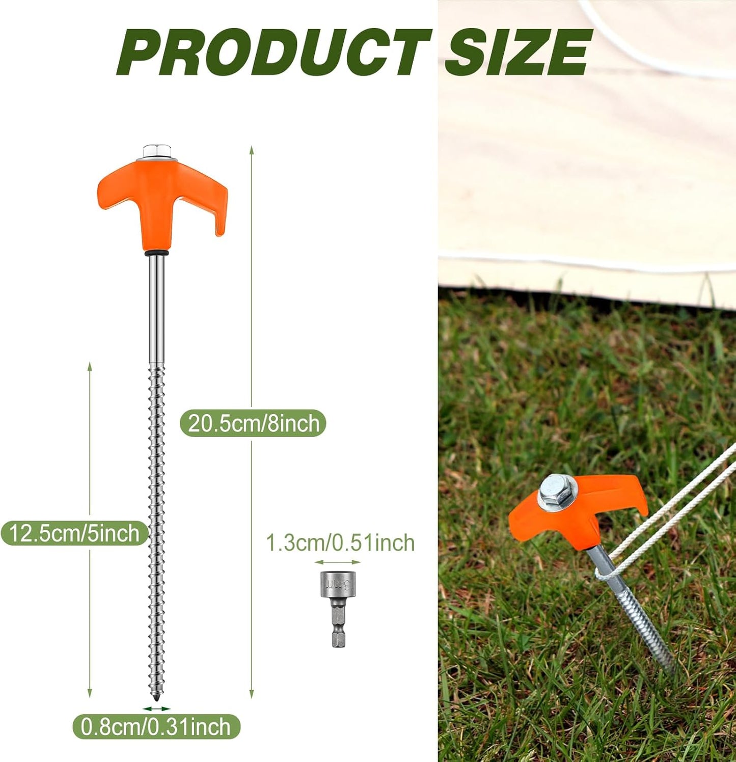 Hicarer 10 Pcs 20 Pcs 8'' Screw in Tent Stakes Heavy Duty Ground Metal Stakes for Inflatables with Hex Head Driver for Outdoor Camping Tent Inflatable Garden Decor (Orange)