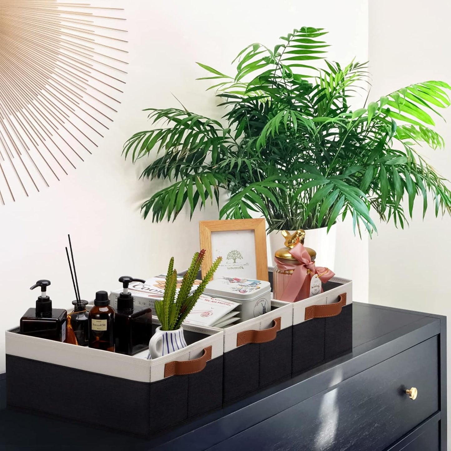 GhvyenntteS Storage Baskets for Organizing, Fabric Storage Bins with Leather H&les, Foldable Rectangular Storage Baskets for Shelves, Closets, Home, Office(Black/White, 6 Pack)11.8X7.9X5.1 in