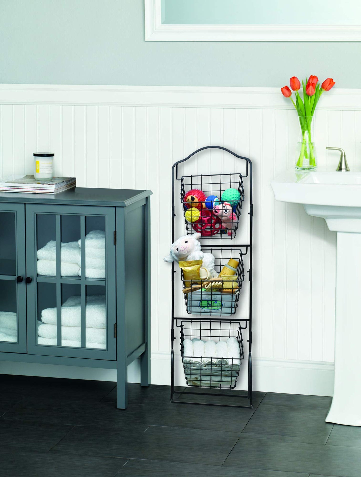 Gourmet Basics by Mikasa 3-Tier Wire Market Basket, Antique Black Metal Kitchen Counter Organizer