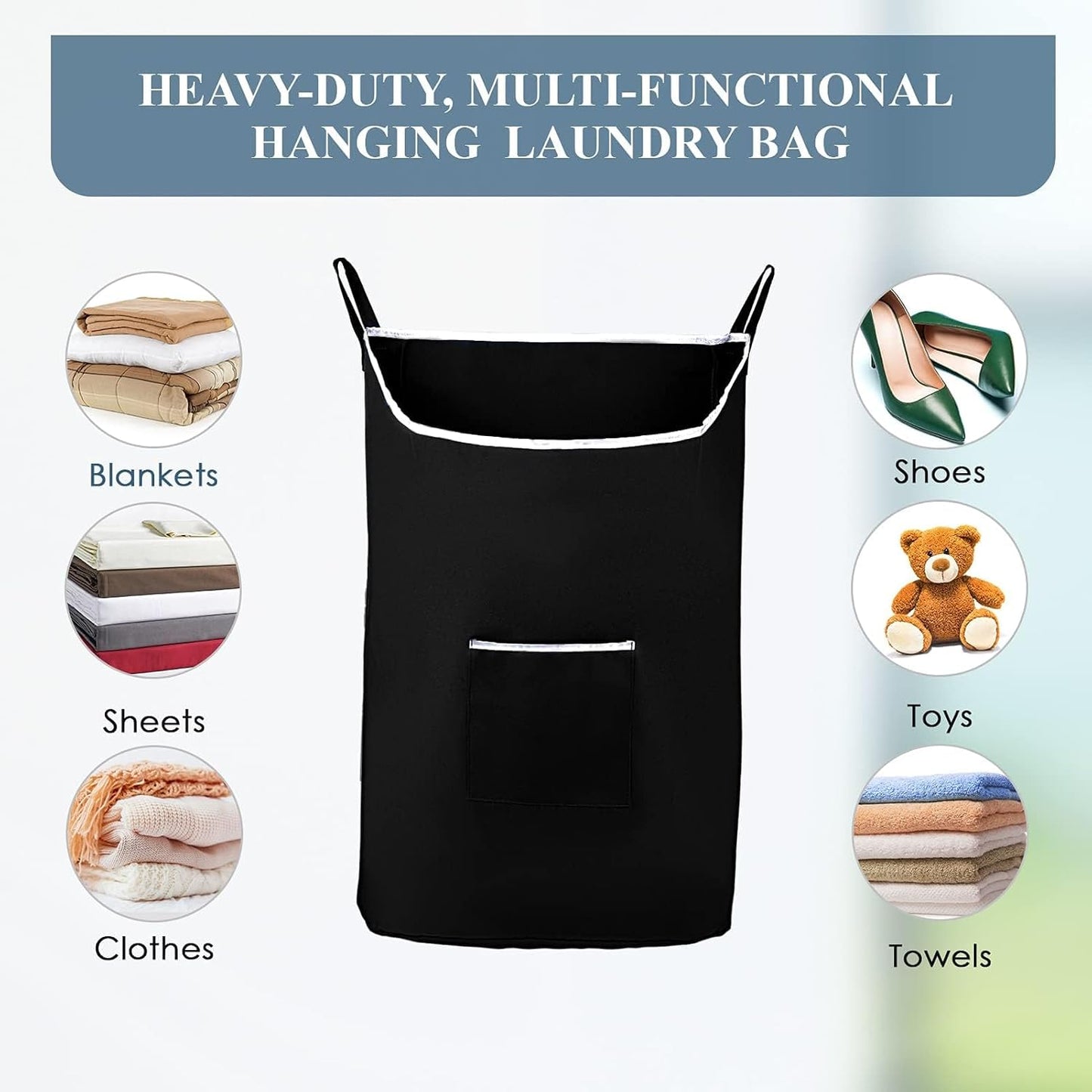 The Fine Living Co. X-Large Hanging Laundry Hamper with Over Door Hooks & Adhesive,Durable Space Saving Laundry Bag with Zipper and Wide Open Top,Hanging Dorm Laundry Hamper 20"x3.75"x31" (Black-XL)