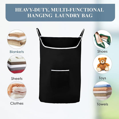 The Fine Living Co. X-Large Hanging Laundry Hamper with Over Door Hooks & Adhesive,Durable Space Saving Laundry Bag with Zipper and Wide Open Top,Hanging Dorm Laundry Hamper 20"x3.75"x31" (Black-XL)