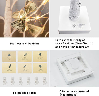PEIDUO Money Tree, 22 Inch Gift Card Tree Holder with 6 Clips and 6 Greeting Cards, 24 Warm White Birch Tree with Lights, Christmas Tree Card Holder for Birthday Wedding Indoor Xmas Decorations