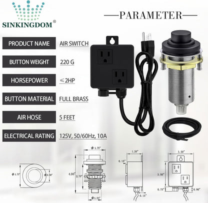 SinkTop Air Switch Kit (Long Full Brass Button) for Disposal, Dual Outlet, (Matte Black)