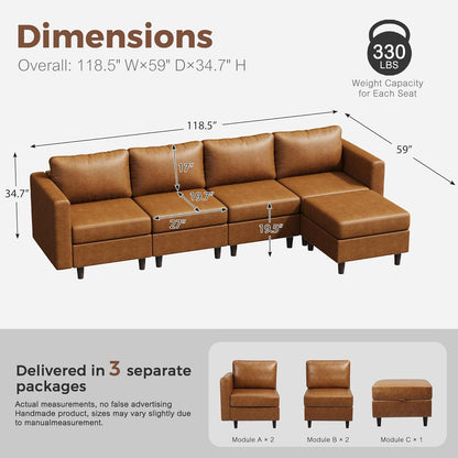 118.5" Faux Leather Modular Sectional Sofa, L Shaped Couch Set for Living Room, 5-Seater Comfy Cloud Couches with Movable Storage Ottoman,DIY Combination - Brown