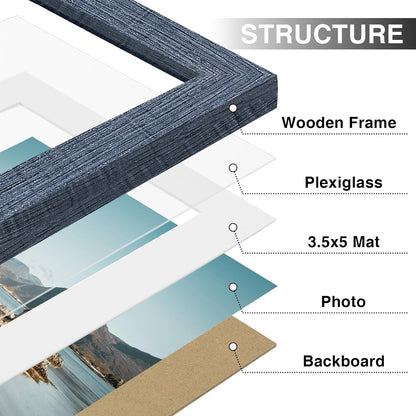 Vittanly 4x6 Picture Frames Set of 9, Shatter Resistant Plexiglass, Display 3.5x5 Pictures with Mat or 4x6 without Mat, Photo Frames for Wall or Tabletop, Engineered Wood, Navy