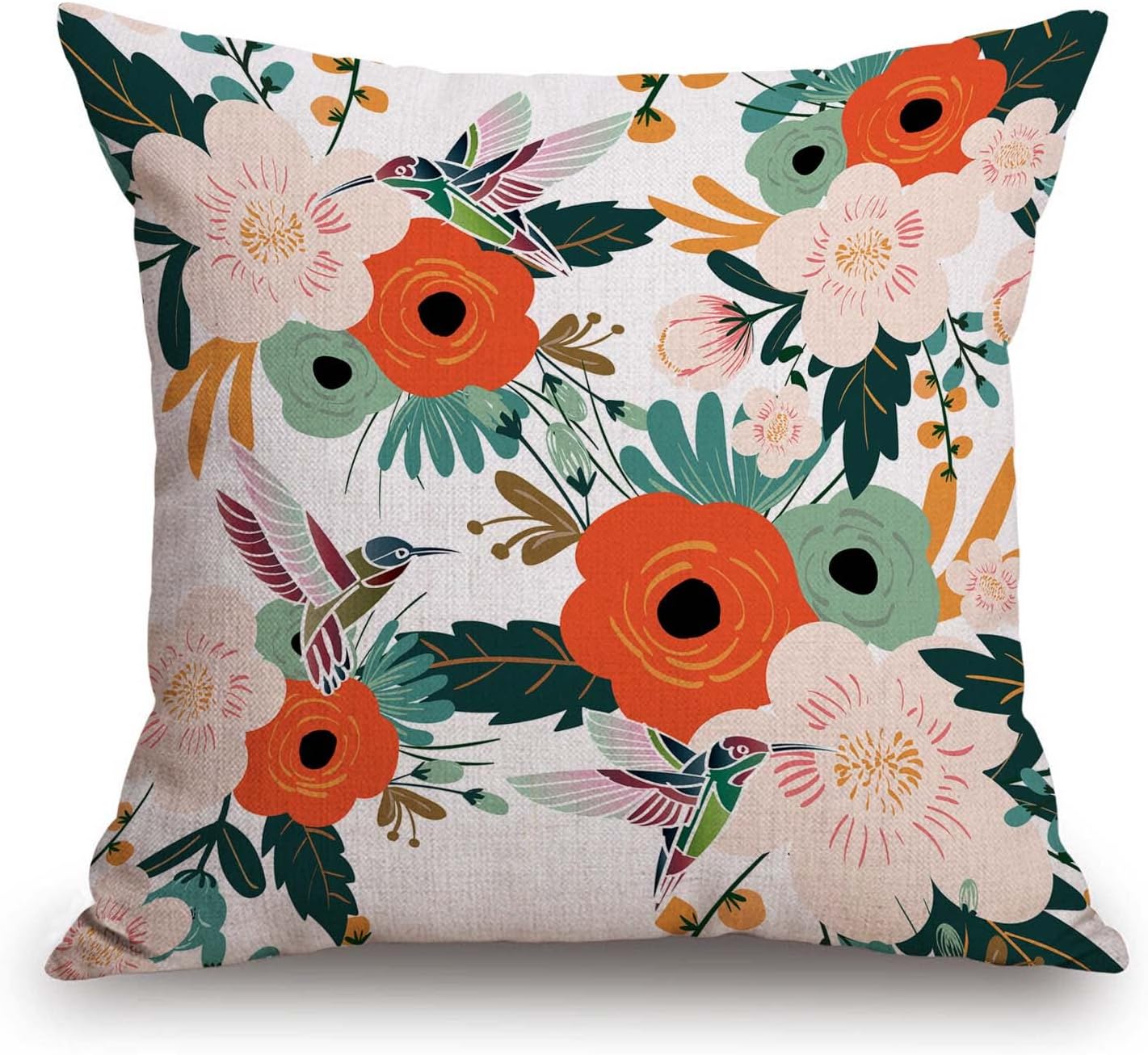 TSSOHU Flower and Hummingbird Pillow Cover Cotton Linen Spring Red Flower Green Leaves Boho Decorative Pillow Covers Cushion Cover Home Decor Pillowcase for 18x18 Inch