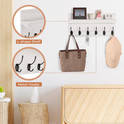 Shelf with Hooks, Coat Rack Wall Mount with 6 Double Metal Hooks, 17 Inch Farmhouse Wall Hooks with Shelf for Entryway, Bathroom, Kitchen, White