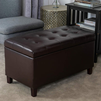 Asense Storage Ottoman Bench, Faux Leather Upholstered End of Bed Bench with Safety Hinge Wooden Legs, for Entryway Bedroom (Chocolate Brown, 33.3")