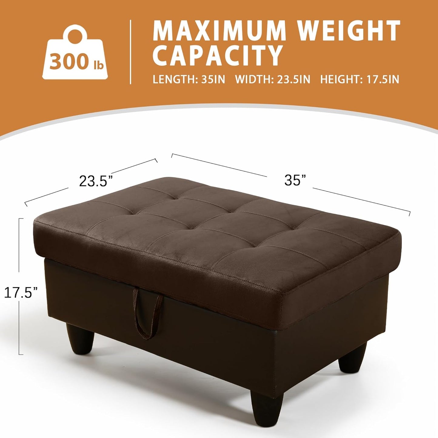 Ottoman Rectangular Storage Ottoman Bench, Flannel Footrest Stool Footstool with Lid for Living Room, Bedroom, Entryway, Dark Brown&Black, 35"x23.5"x17.5"