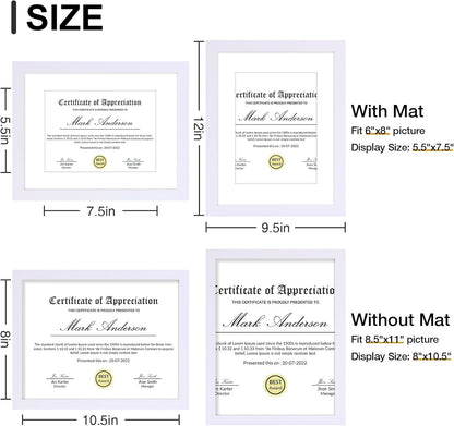 Vittanly 8.5x11 Picture Frames Set of 9, Shatter Resistant Plexiglass, Display 6x8 Pictures with Mat or 8.5x11 without Mat, Photo Frames for Wall or Tabletop, Engineered Wood, White