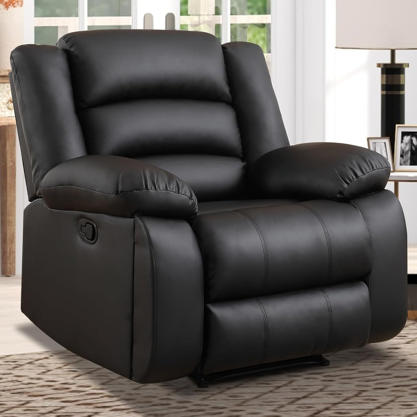 EBELLO Faux Leather Manual Recliner Chair, Single Reclining Sofa Chair Couch with 2 Concealed Cup Holders, Overstuffed Armrest Backrest for Living Room, Bedroom, Meeting Room, Black