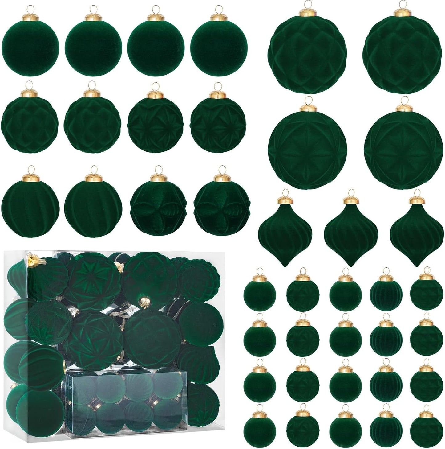 46PCS Velvet Christmas Ball Ornaments Set, Flocked Shatterproof Xmas Tree Decor, Assorted Hanging Ornaments with Loop for Holiday Home Decor, Christmas Tree, Mantel, Party Decoration (Green)