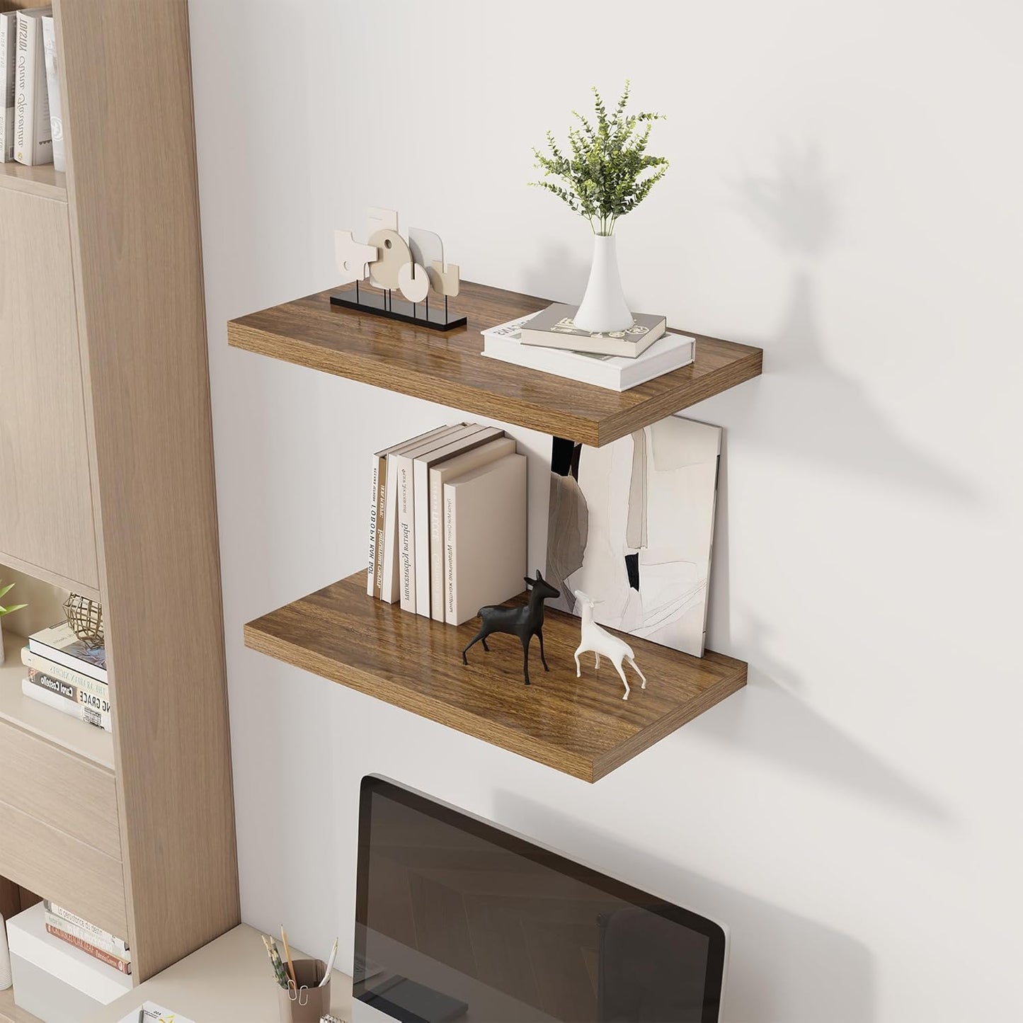 24" Floating Shelves for Wall, 12" Deep Slim Walnut Floating Shelves, Wall-Mounted Shelves for Bedroom, Living Room, Kitchen, Bathroom - Set of 2