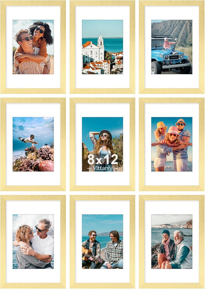 Vittanly 8x12 Picture Frames Set of 9, Shatter Resistant Plexiglass, Display 6x8 Pictures with Mat or 8x12 without Mat, Photo Frames for Wall or Tabletop, Engineered Wood, Gold