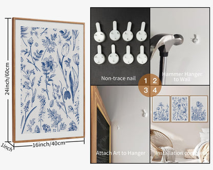 SIGNINART Classic Chinoiserie Botanical Framed Canvas Wall Art, Blue and White Floral Wall Decor, Minimalist Flower Artwork, Navy Blue Wildflower Art Painting for Bedroom Living Room Office 24"x36"x3