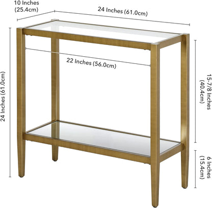 Henn&Hart 24" Wide Rectangular Side Table with Glass Shelf in Antique Brass, Table for Living Room, Bedroom
