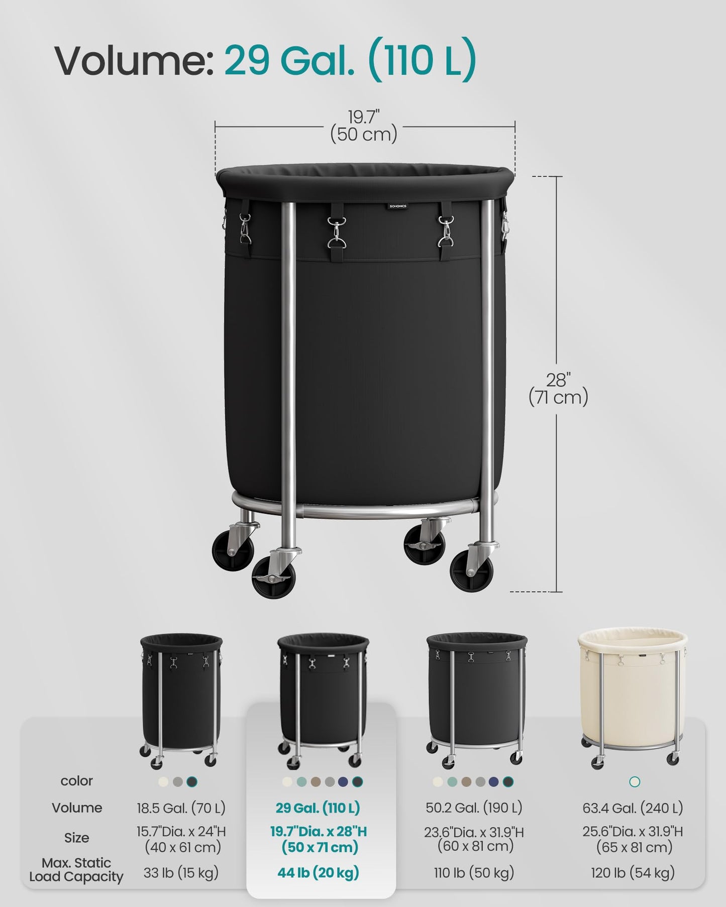 SONGMICS Laundry Basket, Rolling Steel Frame with 2 Locking Wheels, 110 L