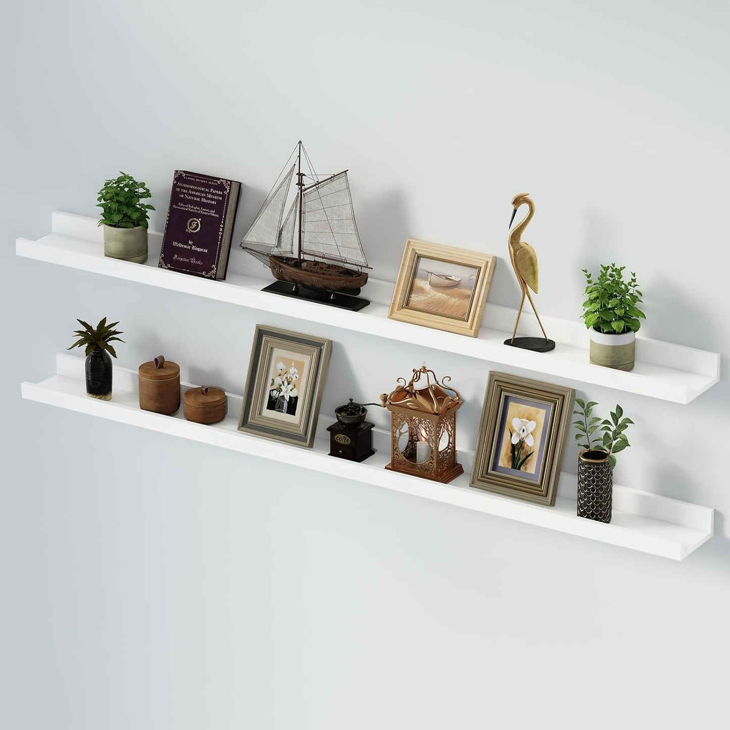 SAUMONIERES Picture Ledge Shelf Floating Book Shelves Set of 2 Wall Mounted Solid Wood for Bedroom Bathroom Living Room Kitchen, 55 Inch White