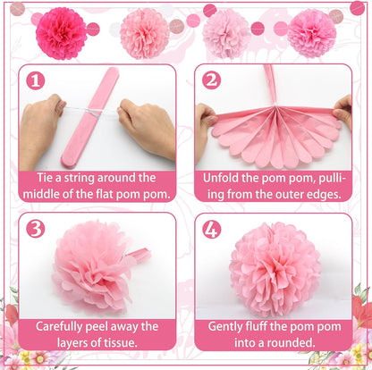 Pink Party Decorations,16 PCS Tissue Paper Pom Poms Dots Paper Garland Hanging Decoration for Pink Theme Birthday Decorations Bridal Shower Wedding Engagement Gender Reveal Celebration