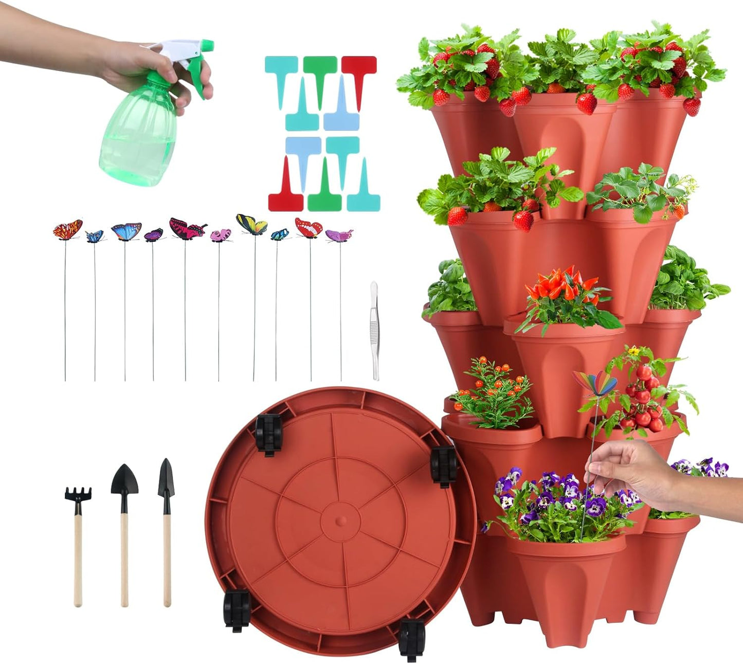 DUNCHATY Stackable Planter, Vertical Strawberry Planter with Garen Tool Set, Self Watering Garden Planter Indoor/Outdoor 5 Tier Herb Planter Pots for Growing Vegetables and Succulents, Clay Red