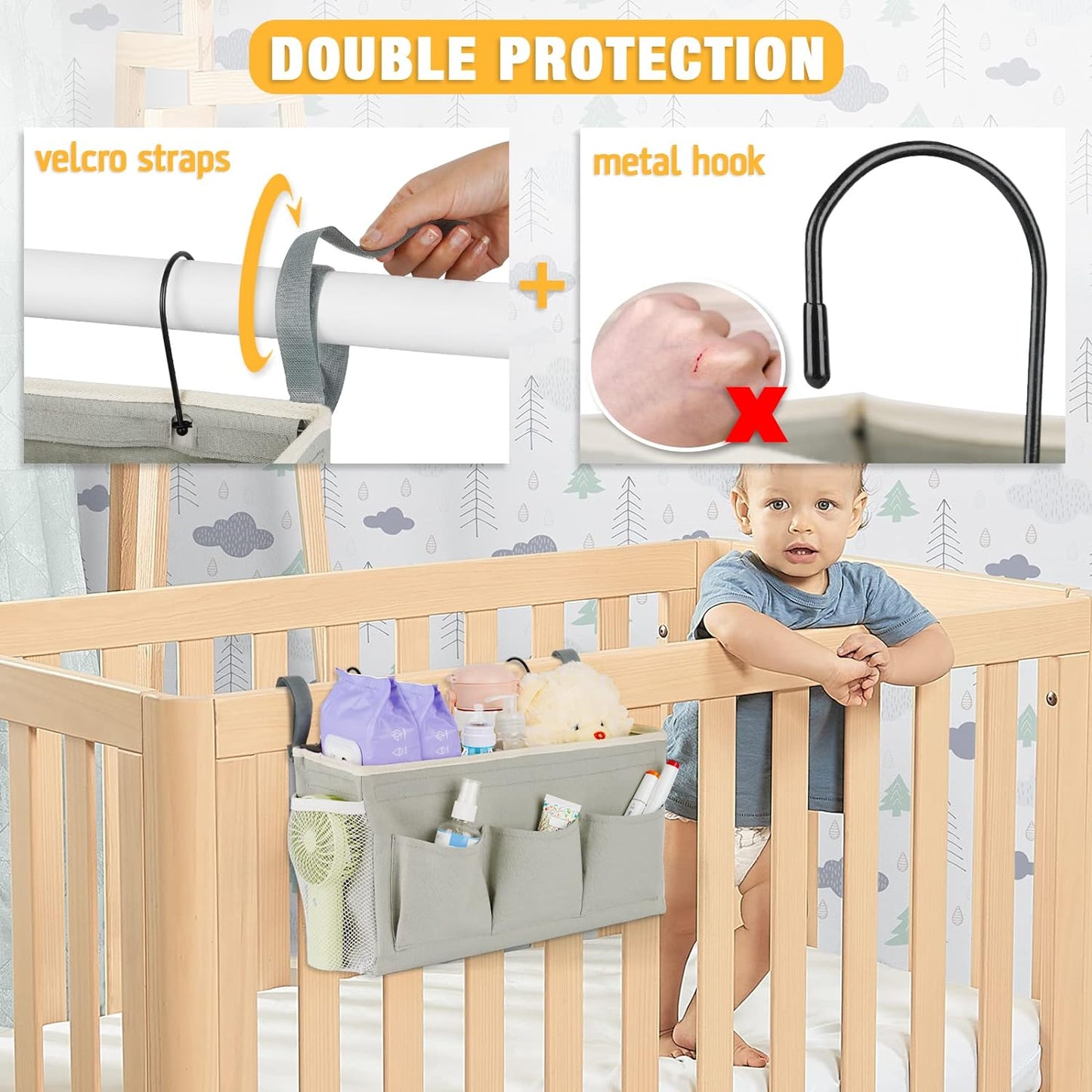 Bedside Caddy Organizer with Fixed Straps & Water Bottle Holder for Home, College Dorm, Bunk Bed, Hospital & Crib Bed Rails (2 pcs, Grey)