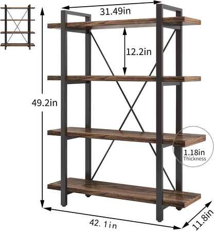4 Tier Bookshelf Solid Wood Bookcase and Book Shelves Wood and Metal Shelving Rustic Open Bookshelf Office,Distressed Brown (AY-02-4Tier)