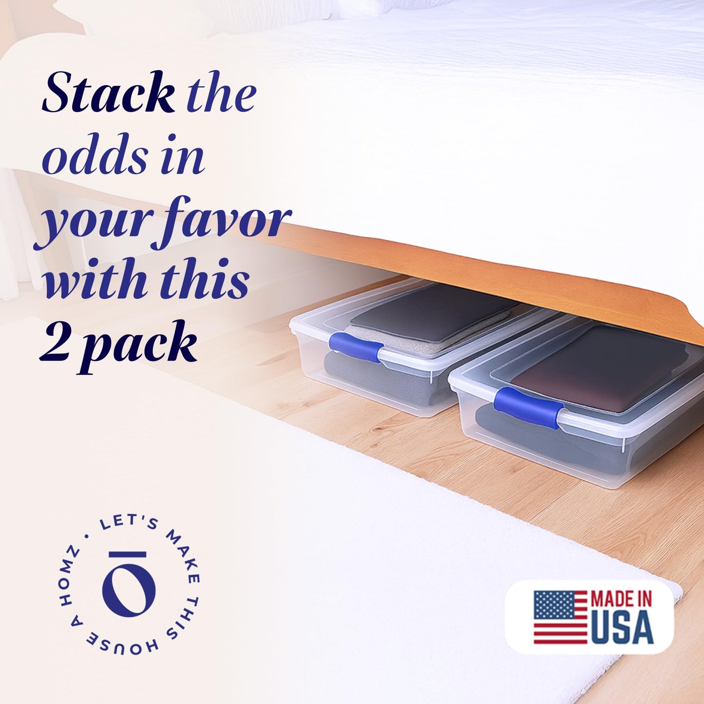 HOMZ Under Bed Clear Plastic Storage Bin w/Lid, 60 Qt, Blue Latch, 2 Pack