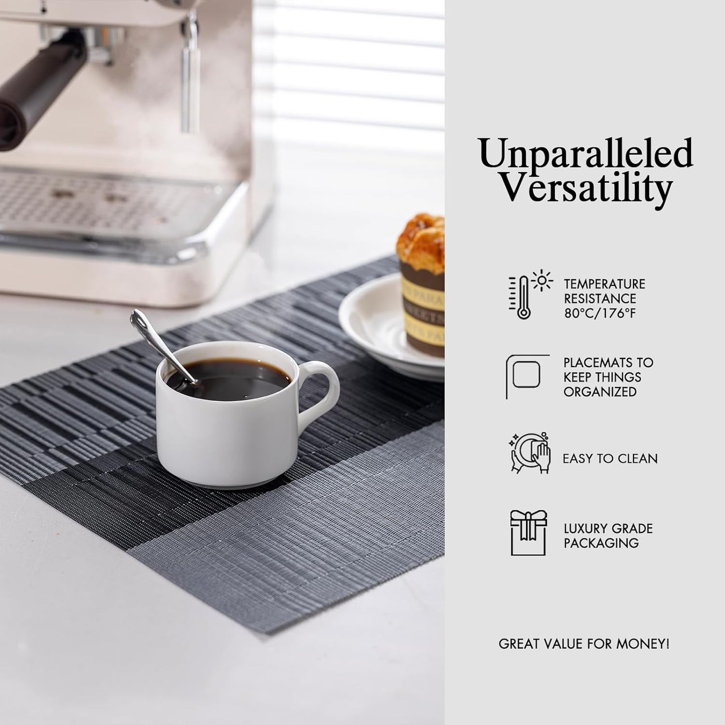 Placemats Set of 12 - Easy Clean Woven Vinyl Placemats for Dining Table, Indoor/Outdoor Place Mats, Washable PVC Table Mats （Silver Gray Black）