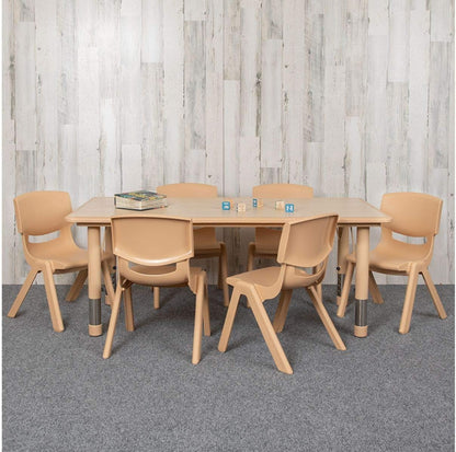 Flash Furniture Emmy Adjustable Classroom Activity Table with 6 Stackable Chairs, Plastic Activity Table for Kids, 23.625" W x 47.25" L, Natural
