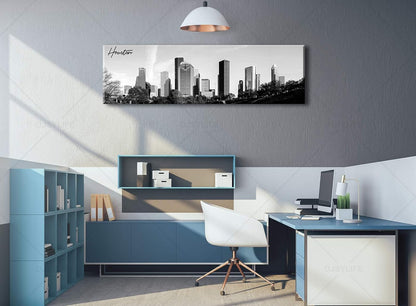 Black and White Wall Art Houston Skyline Canvas Print Picture Panoramic Cityscape Poster Decoration for Bedroom Office Home Decor Framed and Ready to Hang, 13.8"x47.3"